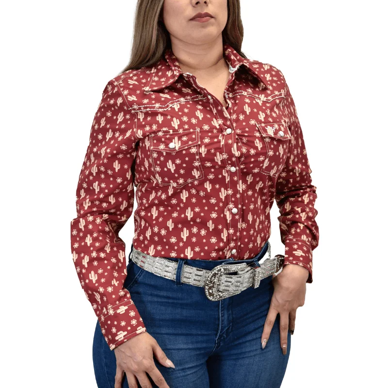 Women's Cowgirl Hardware Burgundy Daisy Cactus Long Sleeve Western Shirt Fashionable Draped Short Sleeve Women's Cowgirl Hardware Burgundy Daisy Cactus Long Sleeve Western Shirt Fashionable Draped Short Sleeve