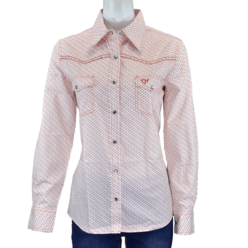 Women's Cowgirl Hardware Coral and White Donut Long Sleeve Western Shirt Fashionable Pleated Short Shirt Women's Cowgirl Hardware Coral and White Donut Long Sleeve Western Shirt Fashionable Pleated Short Shirt