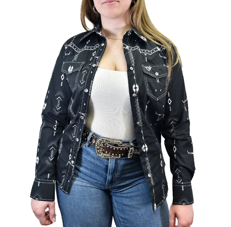 Women's Cowgirl Hardwarel Black & White Skull Aztec Long Sleeve Western Shirt Casual Ruffle Short Shirt Women's Cowgirl Hardwarel Black & White Skull Aztec Long Sleeve Western Shirt Casual Ruffle Short Shirt