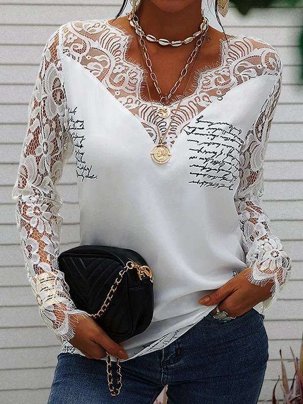 Women's Sexy Trim Lace Printed Long Sleeve Shirt Modern Casual Short Sleeve