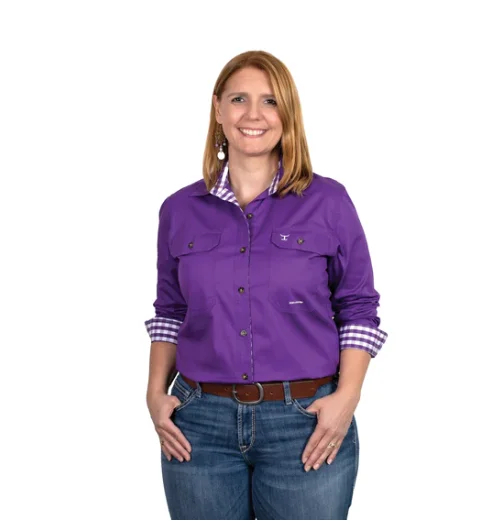 WWLS2374 Just Country Women's Abbey Workshirt Purple And Check Trendy Tie-Front Short Shirt