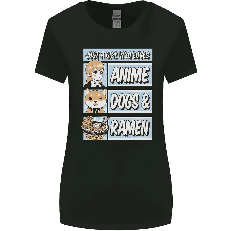 A Girl Who Loves Anime Dogs & Ramen Womens Wider Cut T-Shirt Striped Floral Plaid