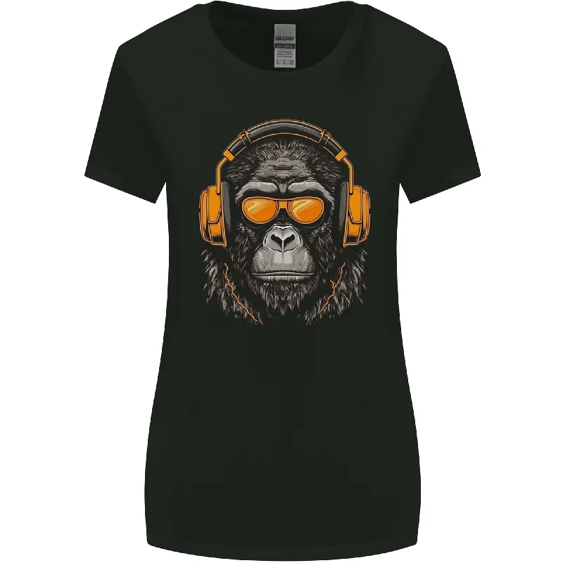 A Gorilla with Headphones Music DJ Womens Wider Cut T-Shirt Welt Pockets Slit Pockets Flap Pockets