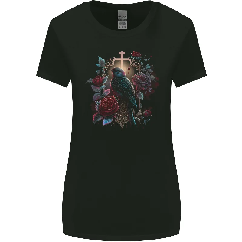 A Gothic Bird and Cross in Roses Gothic Womens Wider Cut T-Shirt Rayon Fabric Velvet Fabric Corduroy Fabric