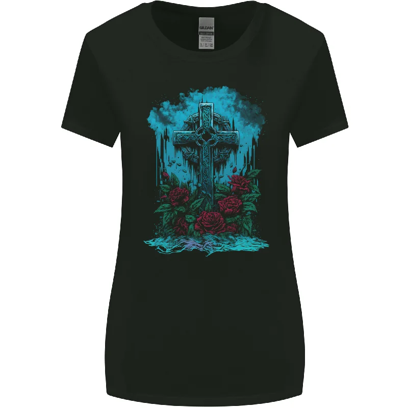 A Gothic Celtic Cross and Roses Womens Wider Cut T-Shirt Terry Blend Velvet Blend Canvas Blend