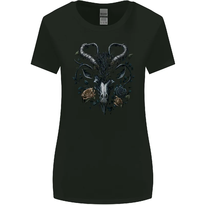 A Gothic Goat Skull With Flowers Goth Roses Womens Wider Cut T-Shirt Graphic T-Shirt Round Neck Polyester