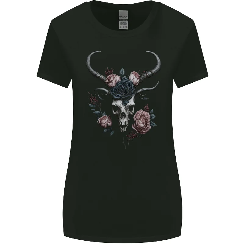 A Gothic Goat Skull With Flowers Roses Goth Womens Wider Cut T-Shirt Fitted T-Shirt Seamless Stretchy