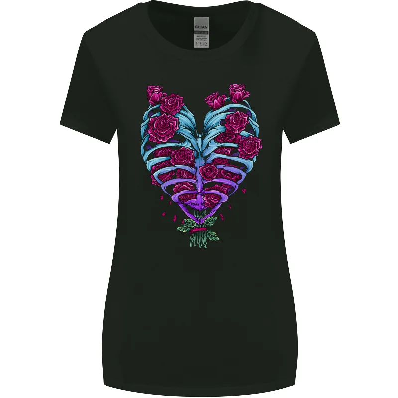 A Gothic Heart With Roses Skull Womens Wider Cut T-Shirt Hooded Caped Shawl Collar