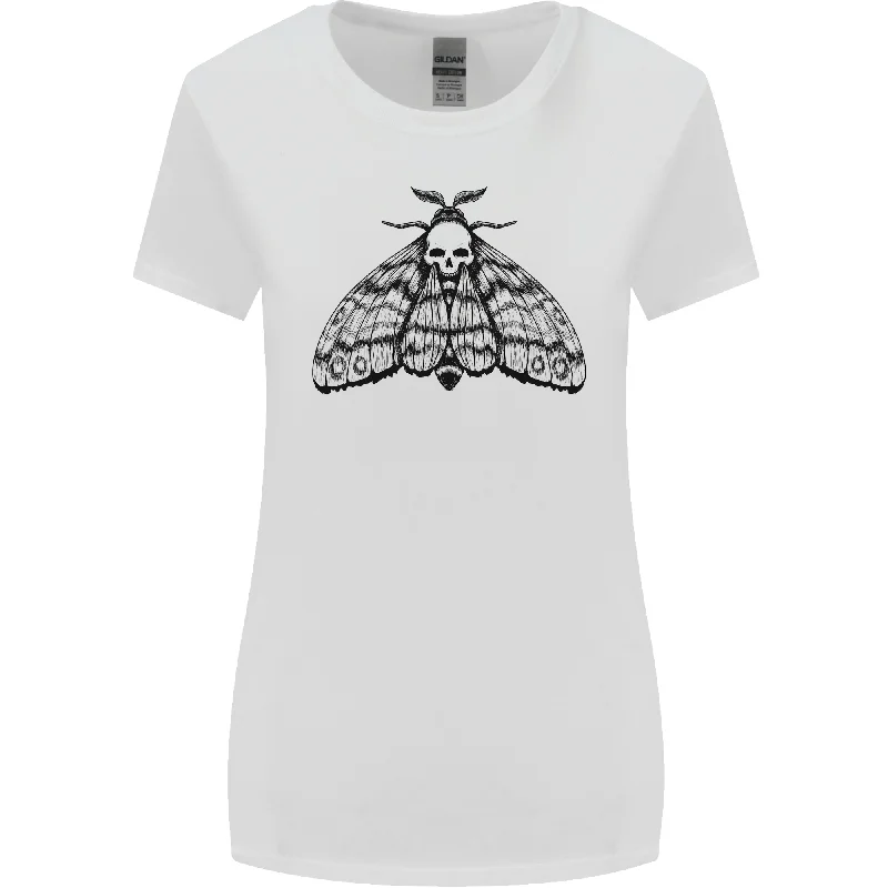 A Gothic Moth Skull Womens Wider Cut T-Shirt Welt Pockets Slit Pockets Flap Pockets