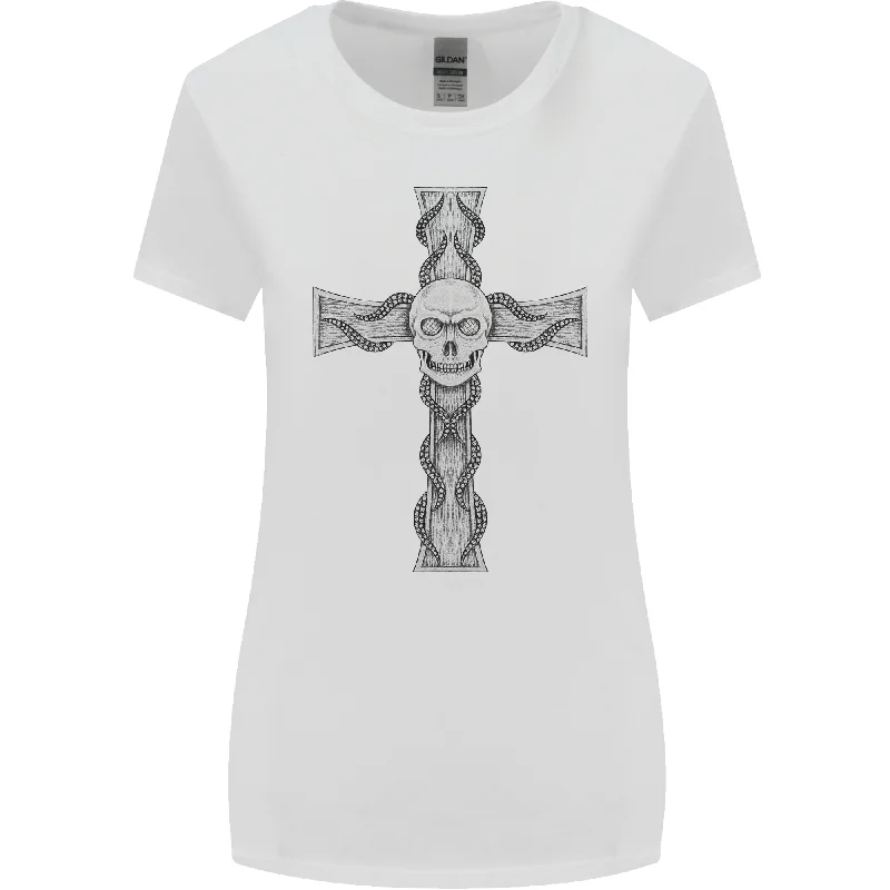 A Gothic Skull and Tentacles on a Cross Womens Wider Cut T-Shirt Iron Safe Non-Iron Wrinkle Free