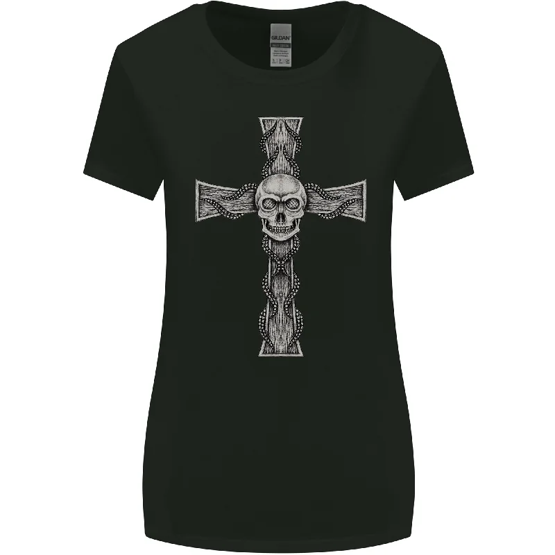 A Gothic Skull and Tentacles on a Cross Womens Wider Cut T-Shirt Thin T-Shirt Open Front Quick Dry