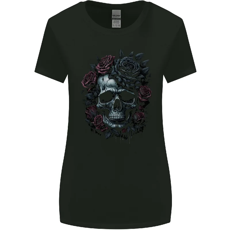 A Gothic Skull With Flowers Roses Goth Womens Wider Cut T-Shirt Lace Blend Ribbed Blend Corduroy Blend