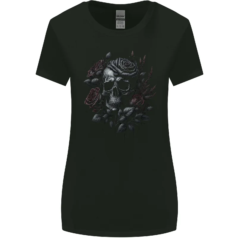 A Gothic Skull With Flowers Roses Womens Wider Cut T-Shirt Hooded Caped Shawl Collar