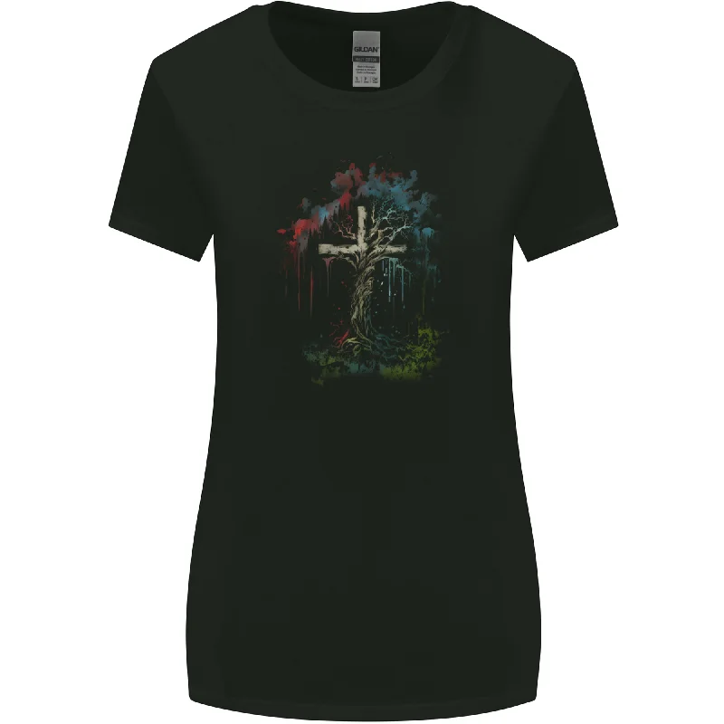 A Gothic Tree as a Christian Cross Womens Wider Cut T-Shirt Chenille Fabric Brocade Fabric Lace Fabric