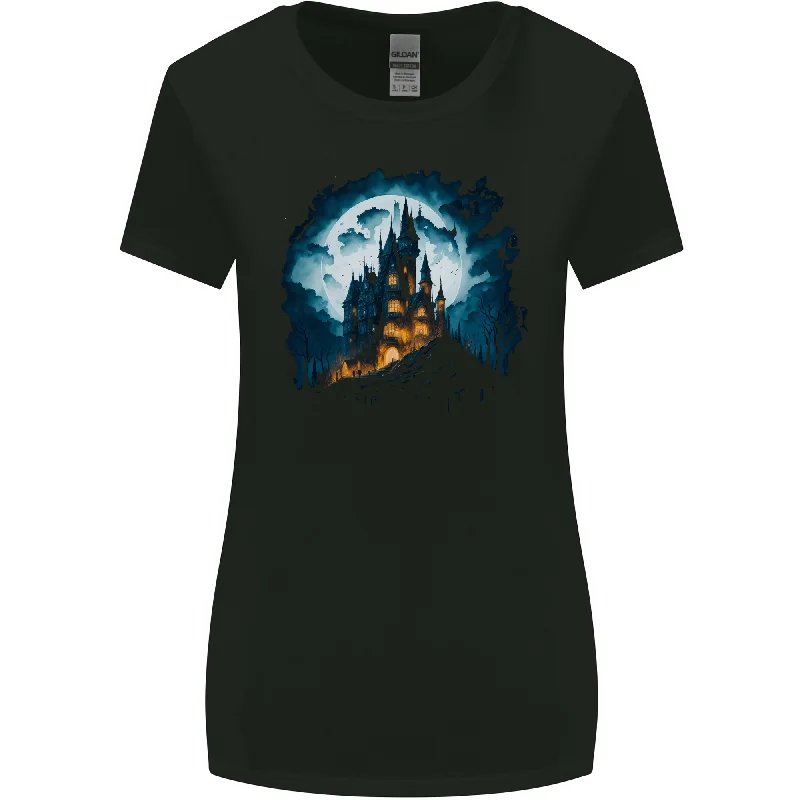 A Haunted Castle Fantasy Halloween Womens Wider Cut T-Shirt Graphic Embroidered Appliqued