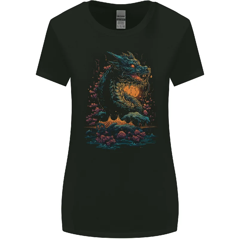 A Japanese Fantasy Water Dragon Womens Wider Cut T-Shirt Print Jacquard Patchwork