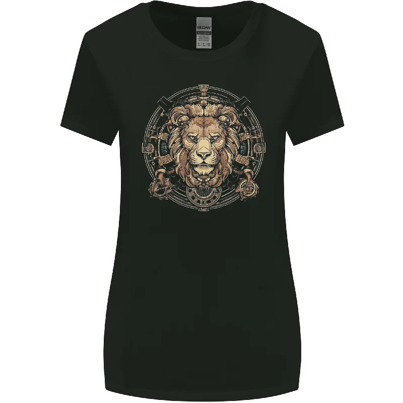 A Lions Head on a Timepiece Shield Womens Wider Cut T-Shirt Elegant Classic Vintage