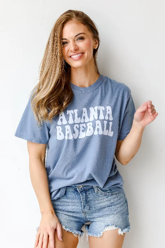 Denim Atlanta Baseball Graphic Tee V-Neck T-Shirt Long Sleeve Cotton