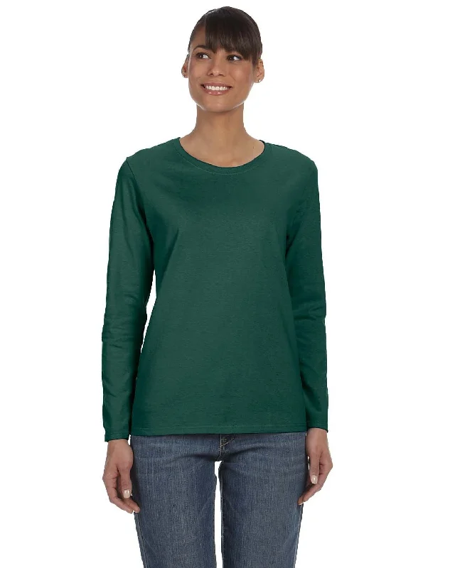 Gildan Ladies Long Sleeve 100% Cotton T-Shirt | Forest Green V-Neck T-Shirt Long Sleeve Cotton