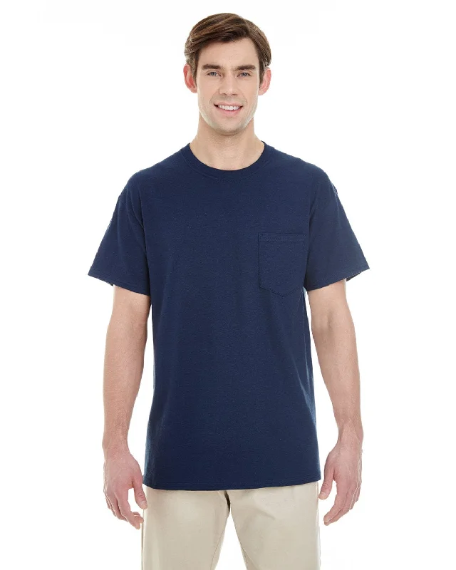 Gildan Pocket T-Shirt | Navy Hooded Caped Shawl Collar