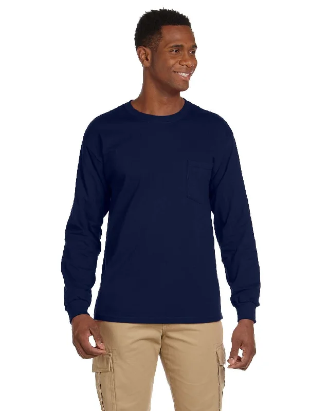 Gildan Ultra Cotton Long Sleeve Pocket T-Shirt | Navy Hooded Caped Shawl Collar