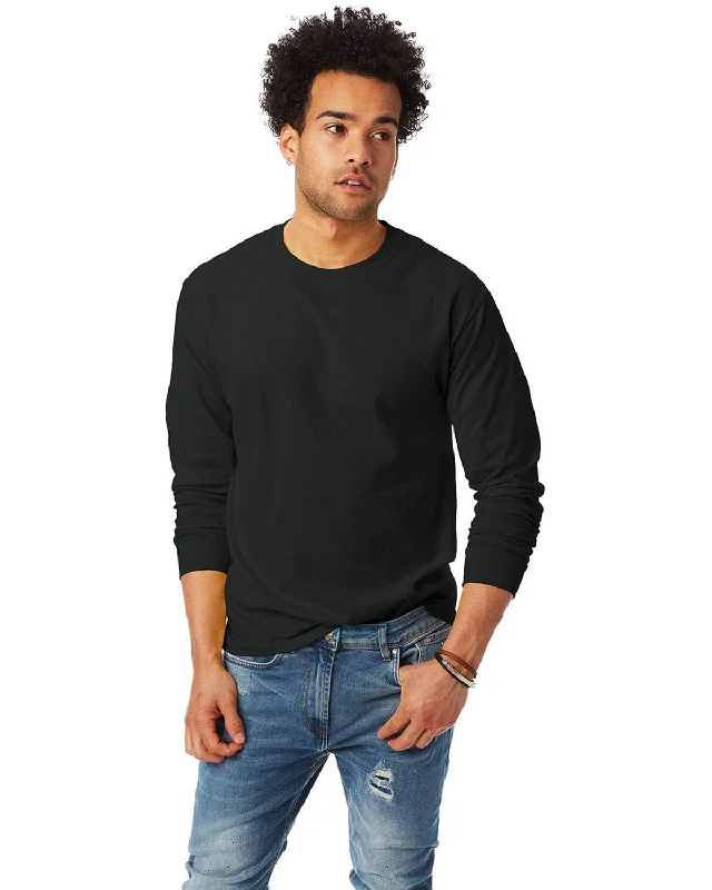 Hanes Tagless ComfortSoft Long Sleeve T-Shirt | Black Print Jacquard Patchwork