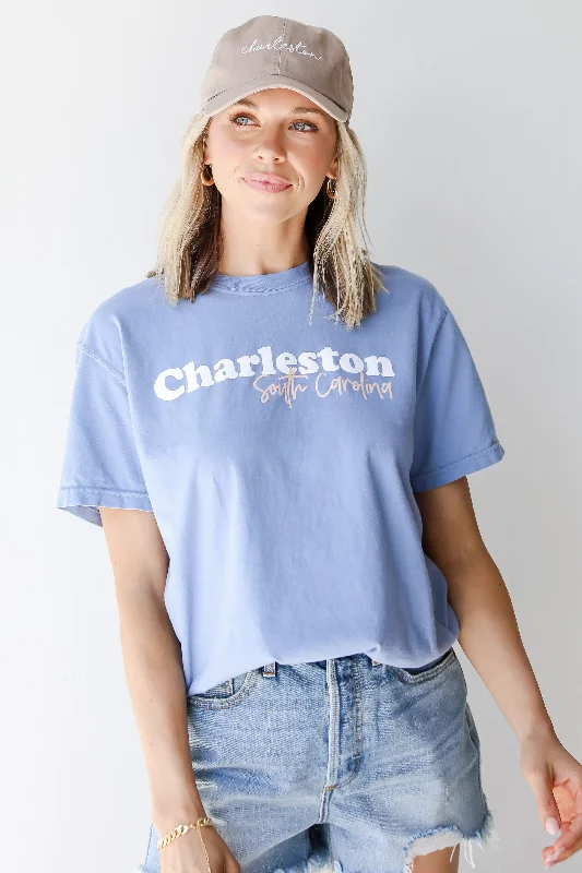 Light Blue Charleston South Carolina Script Tee Welt Pockets Slit Pockets Flap Pockets