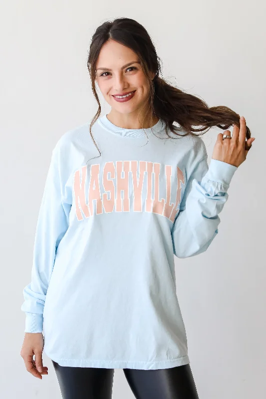 Light Blue Nashville Long Sleeve Tee Spandex Blend Rayon Blend Denim Blend