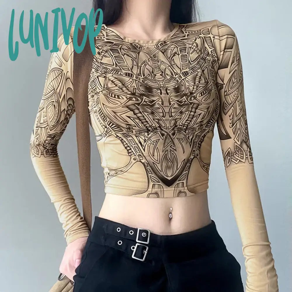 Lunivop Gothic Retro Mechanical Printed Long Sleeve T-shirt Autumn Women Y2K Sexy Slim Full Sleeve Pullovers Emo Grunge Punk Crop Top Fitted T-Shirt Seamless Stretchy