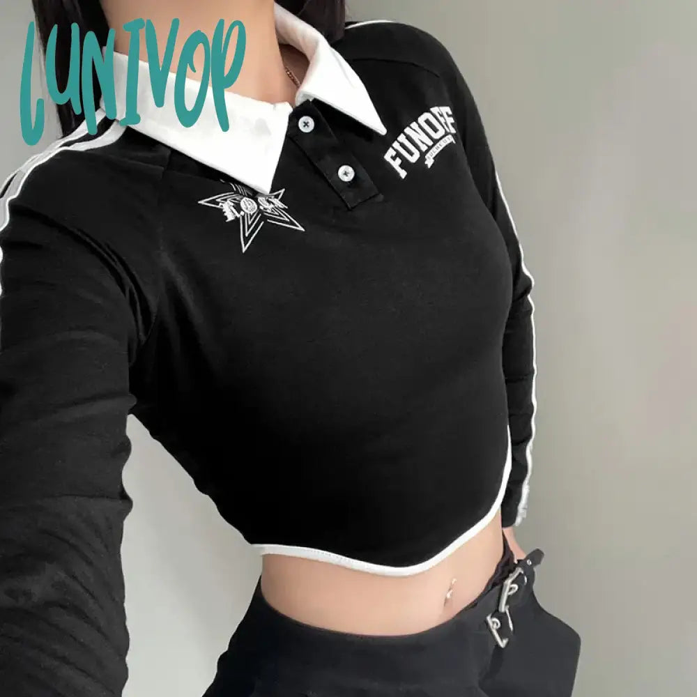 Lunivop Korean Fashion Letter Print Polo T-shirts  Women Stitched Crop Top Y2K Sexy Long Sleeve Vintage Casual Slim Fit Tee Y2k Tops Graphic T-Shirt Round Neck Polyester