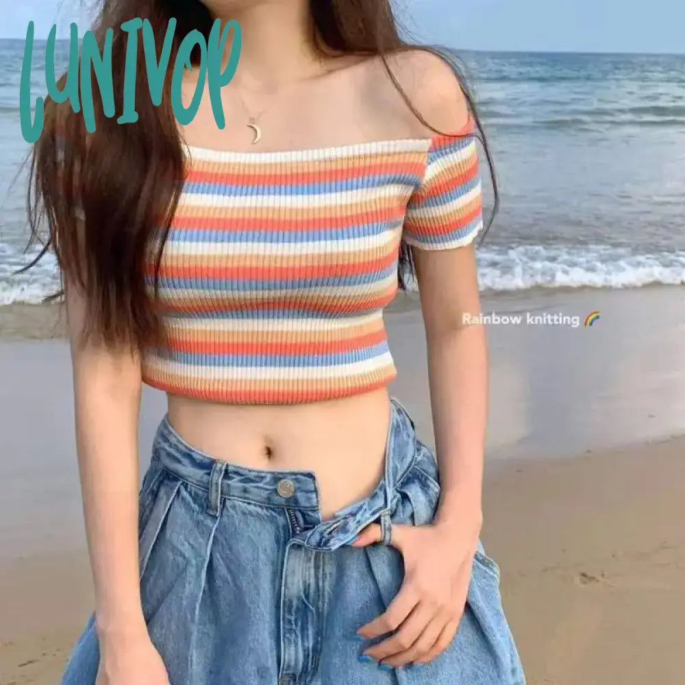 Lunivop Line-neck Striped Knit Ice Silk Off-shoulder Summer Slimming Women Short-sleeved Striped Outerwear Top Sexy Girls T-shirt Cozy Warm Stylish Lunivop Line-neck Striped Knit Ice Silk Off-shoulder Summer Slimming Women Short-sleeved Striped Outerwear Top Sexy Girls T-shirt Cozy Warm Stylish