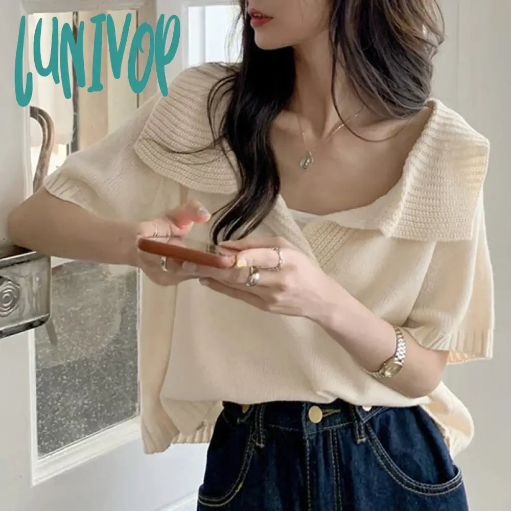 Lunivop Summer 2024 New Short Sleeve Turn-down Collar Casual Tee T-shirt Women's Solid Color Versatile Fashion Vintage Tops Lace Blend Ribbed Blend Corduroy Blend