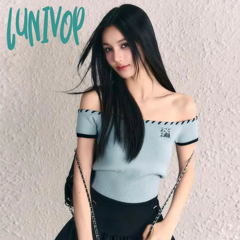 Lunivop Summer Short Sleeve T-shirts Sexy Slim Y2k Crop Top Korean Style Off-shoulder Backless Tees Women Chic Knitted Retro Tshirt Mesh Blend Leather Blend Suede Blend