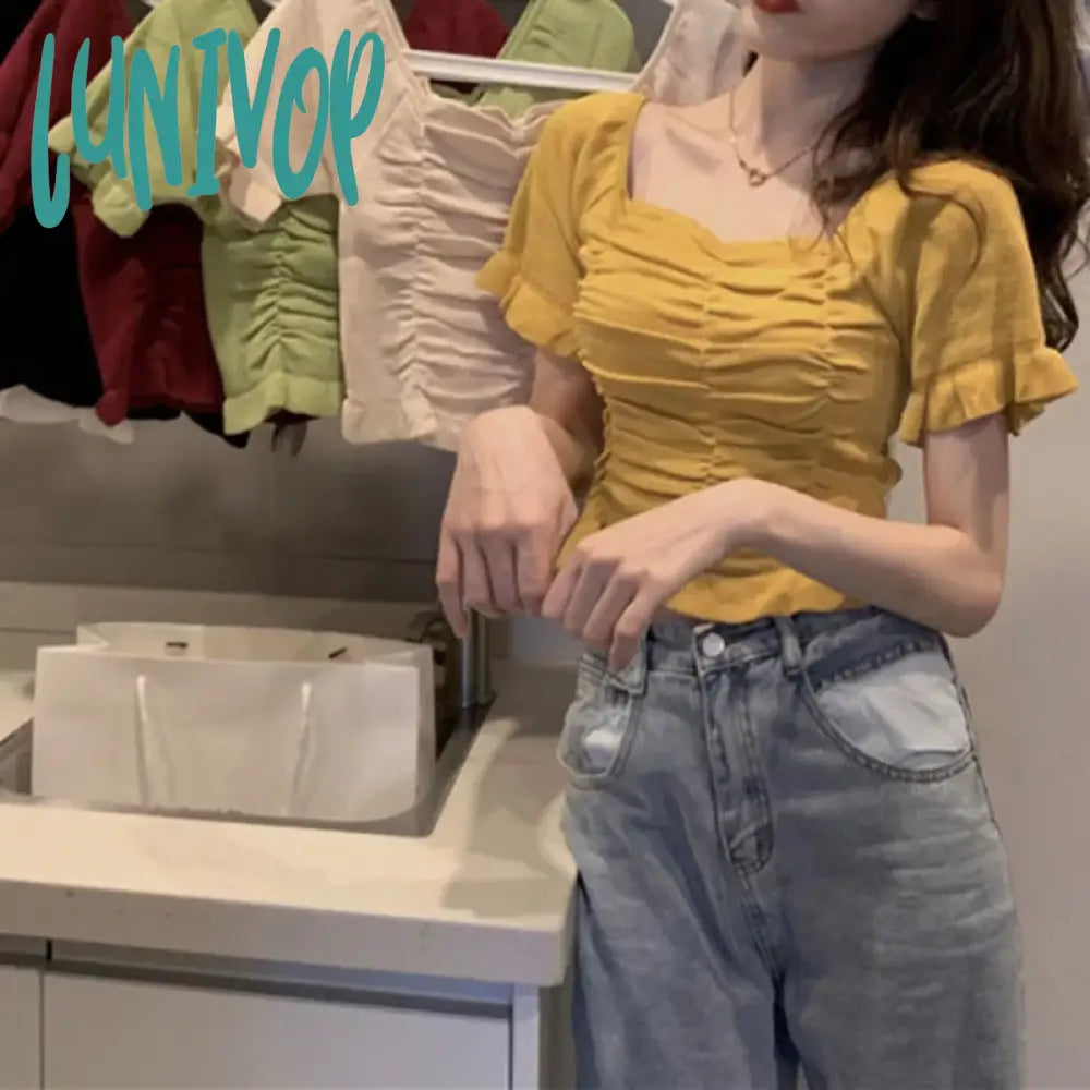 Lunivop Women T-shirt Short Sleeve Tshirt For Woman Square Collar Solid Color Pullover Top Spring Summer Folded Design Short Tops Zippered Front Buttoned Front Snap Front Lunivop Women T-shirt Short Sleeve Tshirt For Woman Square Collar Solid Color Pullover Top Spring Summer Folded Design Short Tops Zippered Front Buttoned Front Snap Front