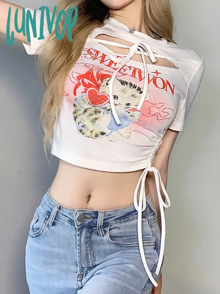 Lunivop Women's Hollow Crop Top Kawaii Cat Print T-shirt Short Sleeve Streetwear Harajuku y2k Top Egirl Graphic Tee Summer Zippered Front Buttoned Front Snap Front