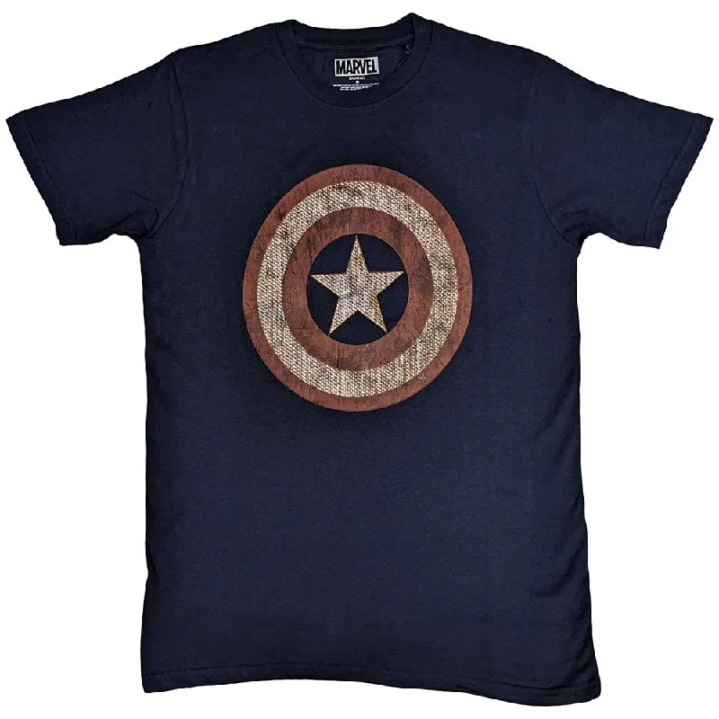 Marvel Comics | Official  Film T-Shirt | Captain America Embroidered Shield Solid Print Embellished