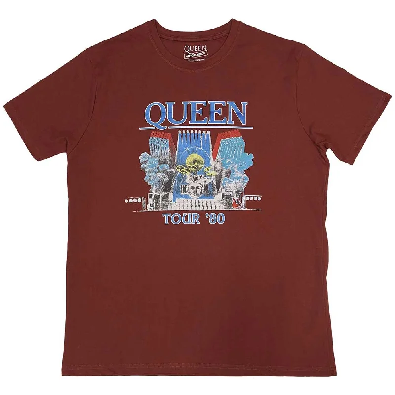 Queens | Official Band T-Shirt | Tour '80 Red Collared Crew Neck Turtle Neck