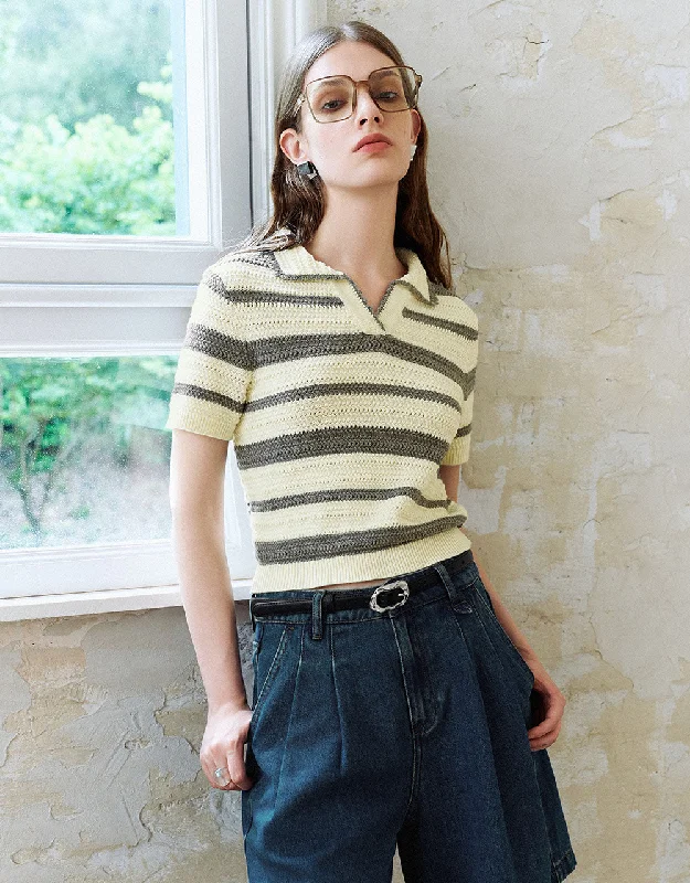 Striped Knitted T-Shirt Graphic Embroidered Appliqued