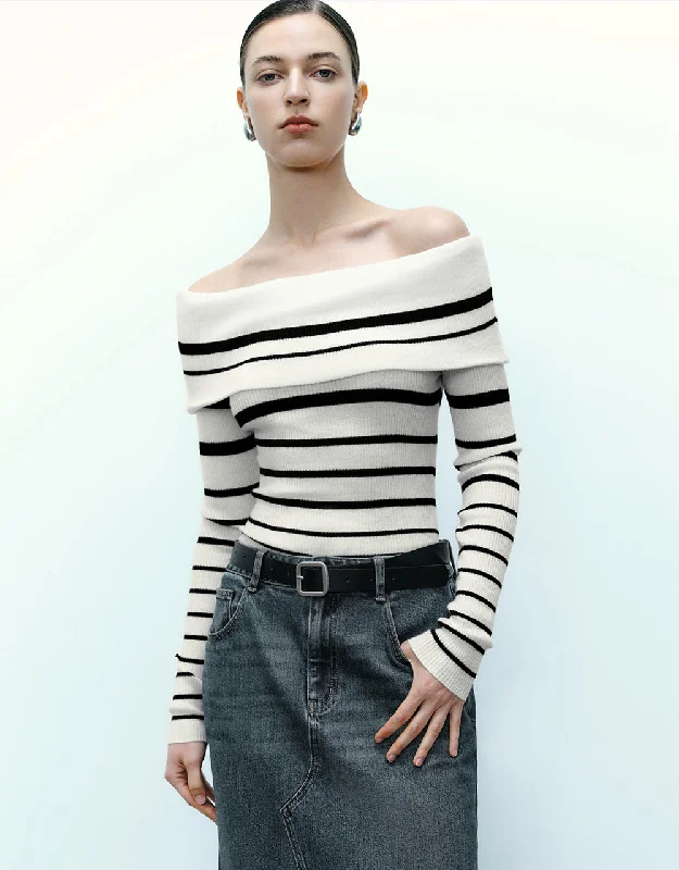 Striped Off-Shoulder Skinny Knitted T-Shirt Polka Dot Checkered Tartan