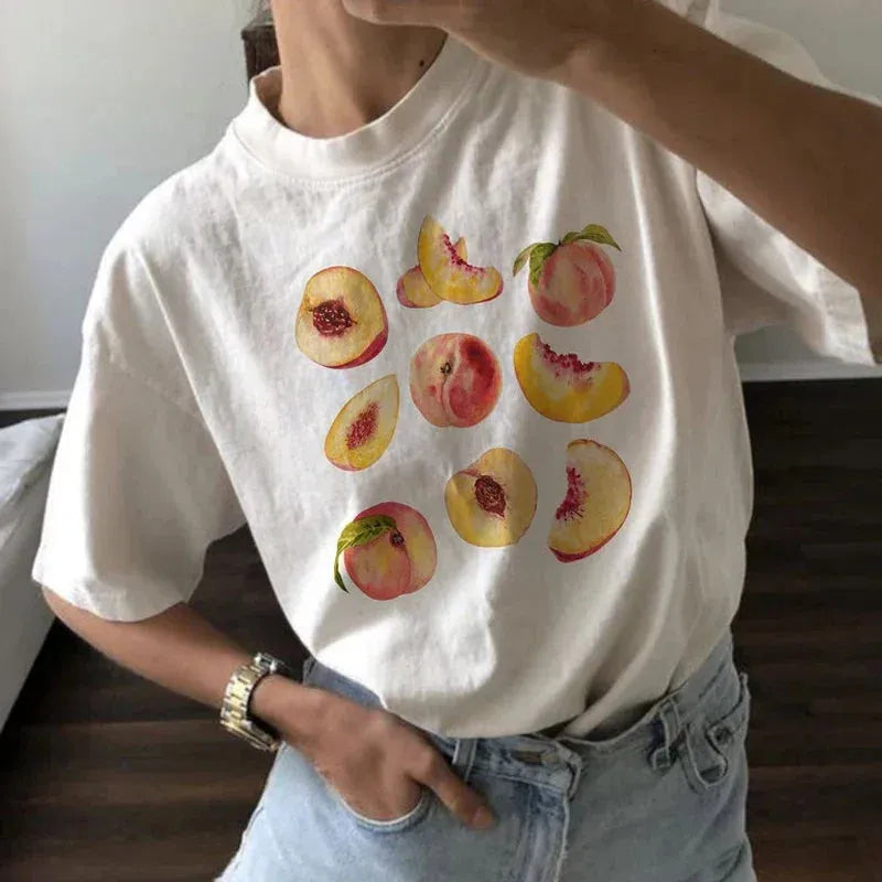 Vintage Peaches Printed Graphic Tees Women Cute Cottagecore Aesthetic T-Shirts Short Sleeve Female Retro Grunge Tops Clothes Solid Print Embellished Vintage Peaches Printed Graphic Tees Women Cute Cottagecore Aesthetic T-Shirts Short Sleeve Female Retro Grunge Tops Clothes Solid Print Embellished