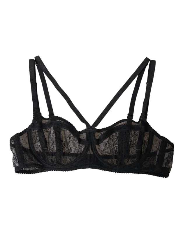 Black Floral Lace Nylon Balconcino Bra Underwear High-Cut Bra Design