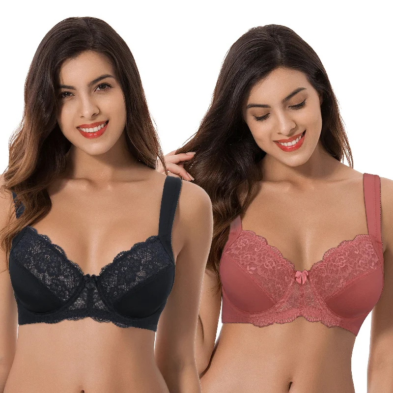 Women's Plus Size Unlined Underwire Lace Bra with Cushion Straps Full Coverage Bra