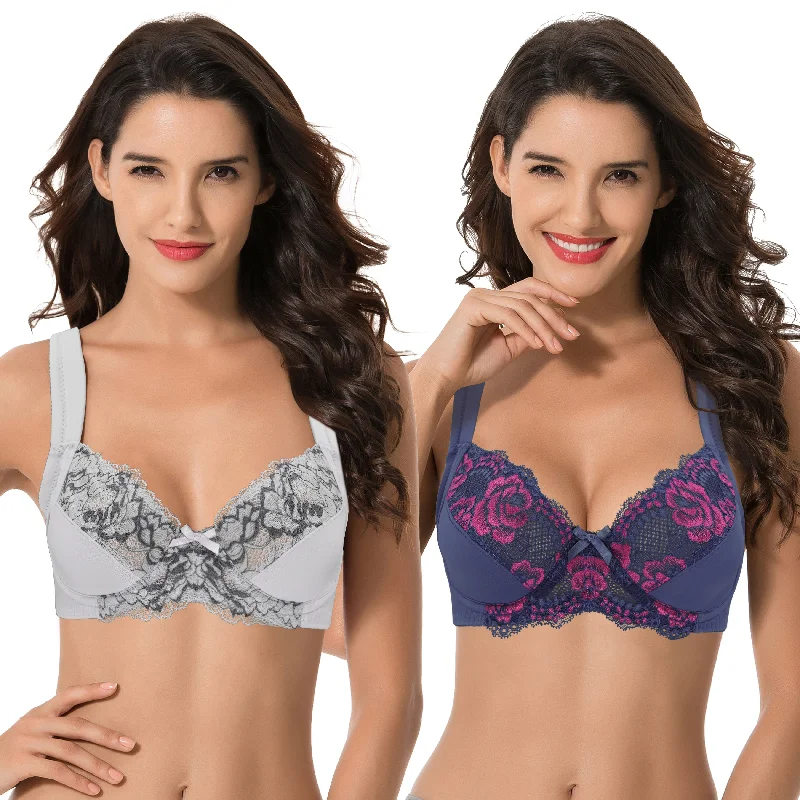 Women's Plus Size Unlined Underwire Lace Bra with Cushion Straps Stretchy Full Coverage Women's Plus Size Unlined Underwire Lace Bra with Cushion Straps Stretchy Full Coverage