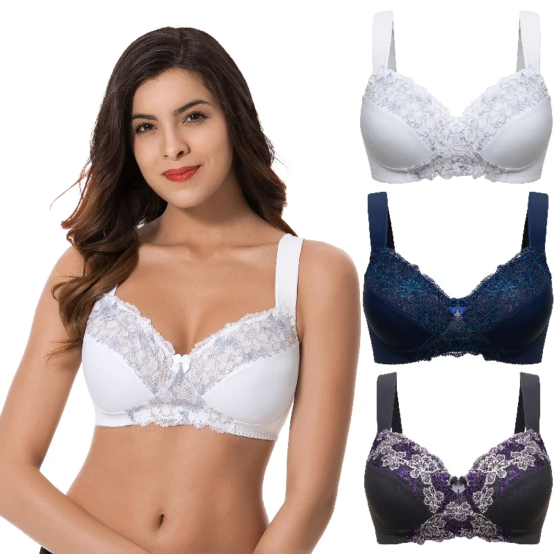 Plus Size Minimizer Unlined Wireless Bra with Lace Embroidery Active Wear Bra