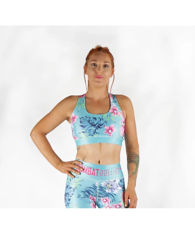 Combat Dollies Tropical Blue Cross-Back Sports Bra Push-Up Padded Bra