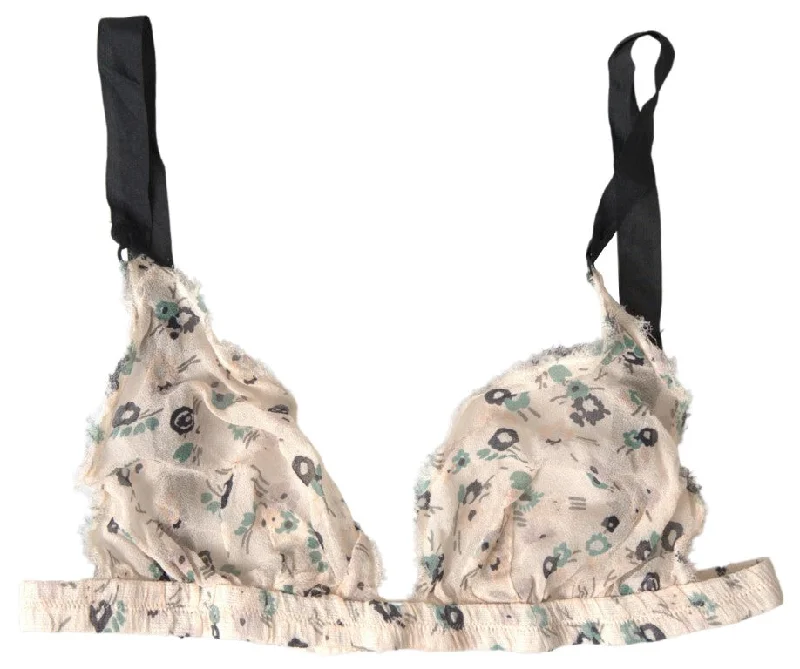 Elegant Floral Print Beige Bra Chic Lace Bra