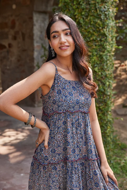 Handblocked Ajrak Printed Strappy & Tiered Midi Dress Fashionable Pleated Midi Dress Handblocked Ajrak Printed Strappy & Tiered Midi Dress Fashionable Pleated Midi Dress