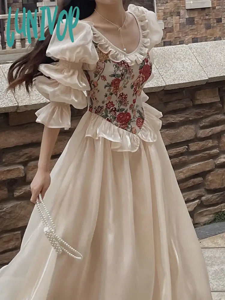 Lunivop Vintage Elegant Print Floral Dress Women Autumn O-neck Casual Evening Party Midi Dress Female Puff Sleeve Korea Fairy Dress Stylish Button-Up Midi Dress Lunivop Vintage Elegant Print Floral Dress Women Autumn O-neck Casual Evening Party Midi Dress Female Puff Sleeve Korea Fairy Dress Stylish Button-Up Midi Dress