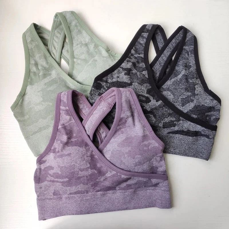 New Camo Seamless Sports Bra For Women Gym Criss Cross Workout Soft Mesh Bra