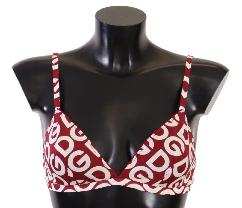 Red Cotton Logo Printed Designer Bra Padded Push-Up Bra